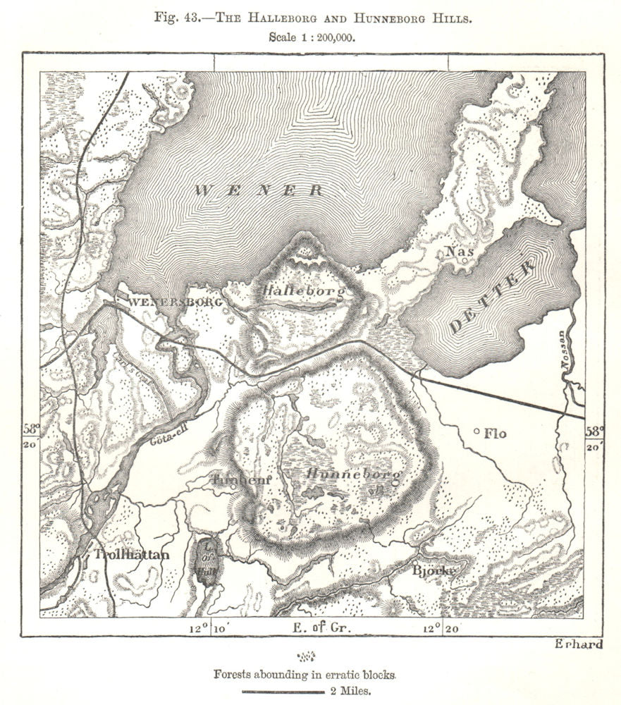 Halleborg & Hunneborg Hills. Trollhättan Vänersborg.Sweden. Sketch map 1885